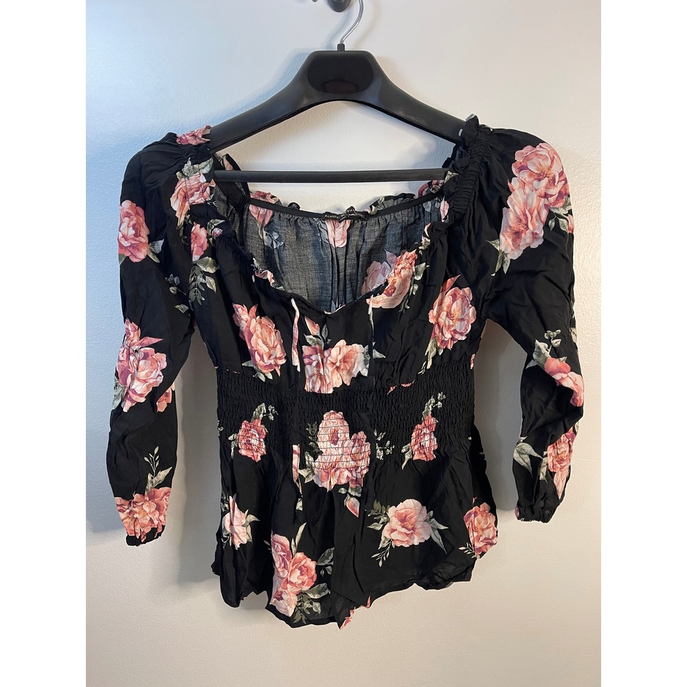 Almost Famous Floral Smocked Waist Off Shoulder Blouse Black Pink Rose Large